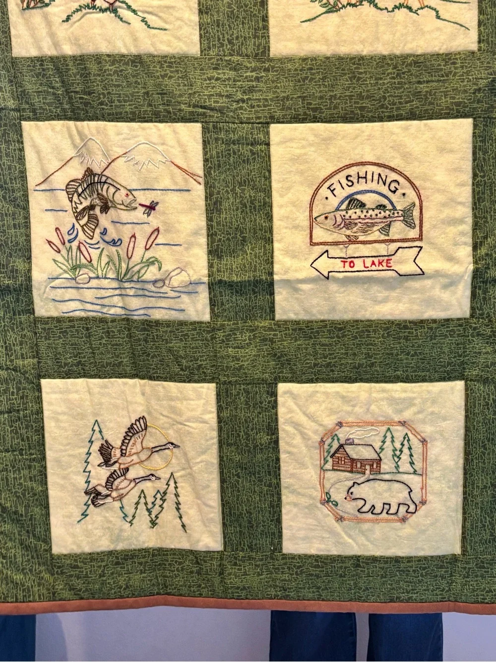 Handmade and Hand Embroidered Green & Cream Cabin-Themed Quilt 38x50